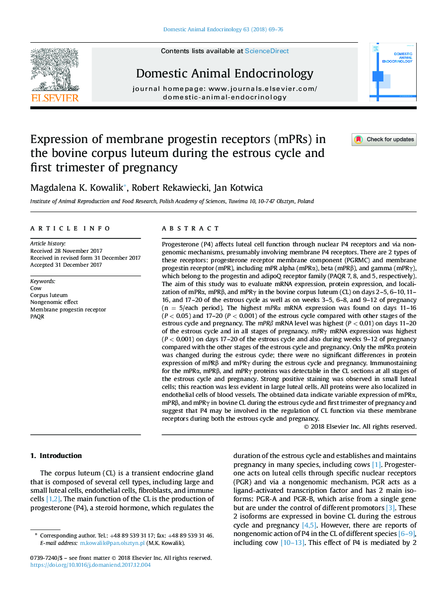 Expression of membrane progestin receptors (mPRs) in the bovine corpus luteum during the estrous cycle and first trimester of pregnancy