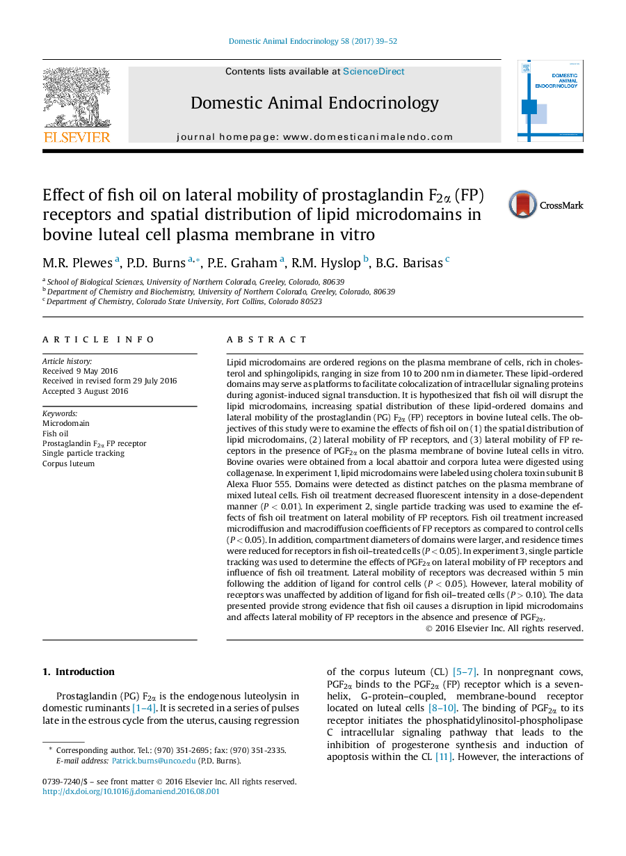 Effect of fish oil on lateral mobility of prostaglandin F2Î± (FP) receptors and spatial distribution of lipid microdomains in bovine luteal cell plasma membrane inÂ vitro