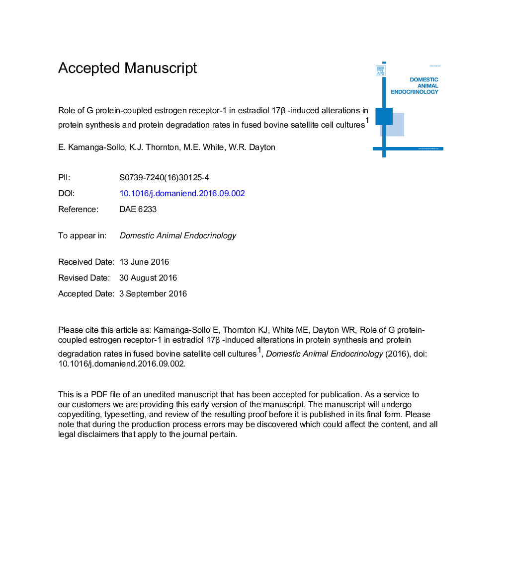 Role of G protein-coupled estrogen receptor-1 in estradiol 17Î²-induced alterations in protein synthesis and protein degradation rates in fused bovine satellite cell cultures