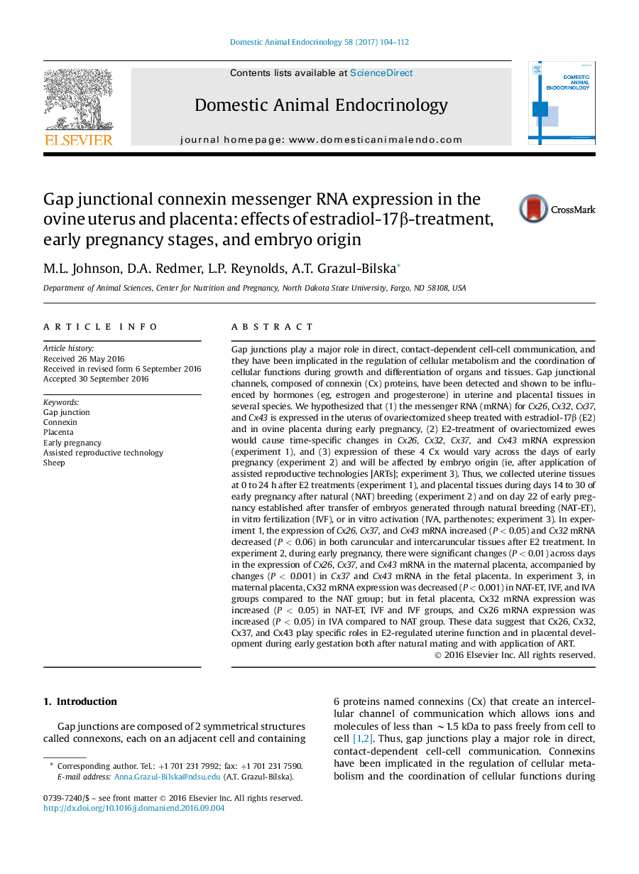 Gap junctional connexin messenger RNA expression in the ovine uterus and placenta: effects of estradiol-17Î²-treatment, early pregnancy stages, and embryo origin