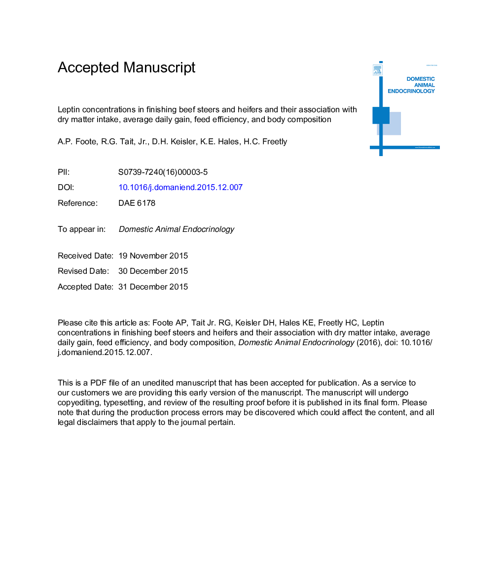 Leptin concentrations in finishing beef steers and heifers and their association with dry matter intake, average daily gain, feed efficiency, and body composition