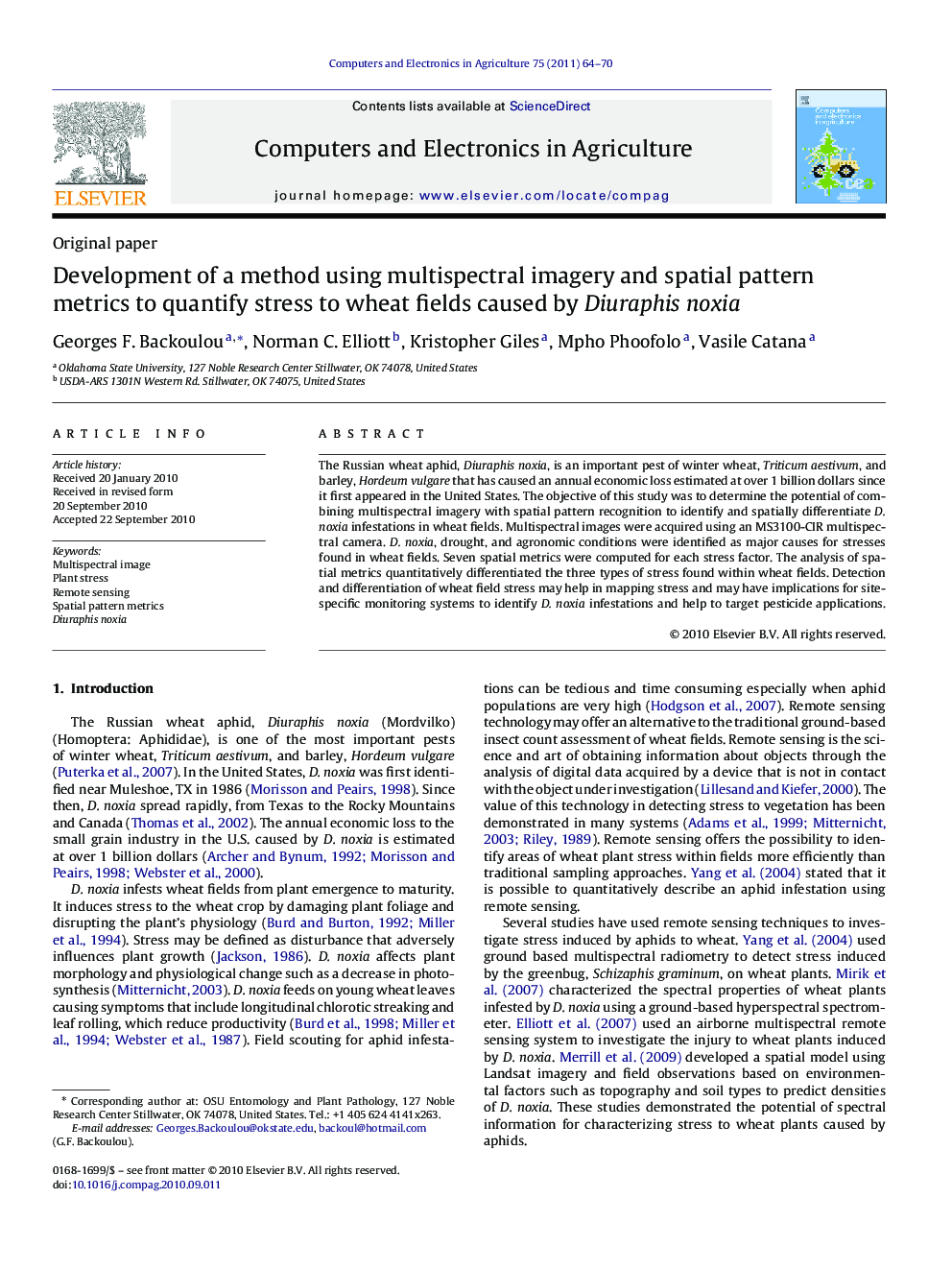 Development of a method using multispectral imagery and spatial pattern metrics to quantify stress to wheat fields caused by Diuraphis noxia