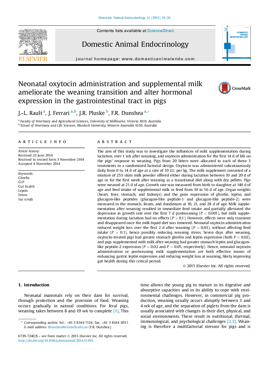 Neonatal oxytocin administration and supplemental milk ameliorate the weaning transition and alter hormonal expression in the gastrointestinal tract in pigs