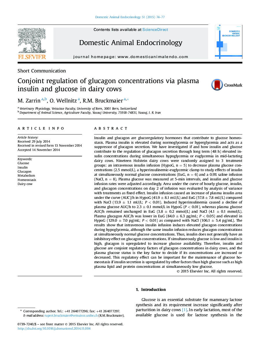 Conjoint regulation of glucagon concentrations via plasma insulin and glucose in dairy cows