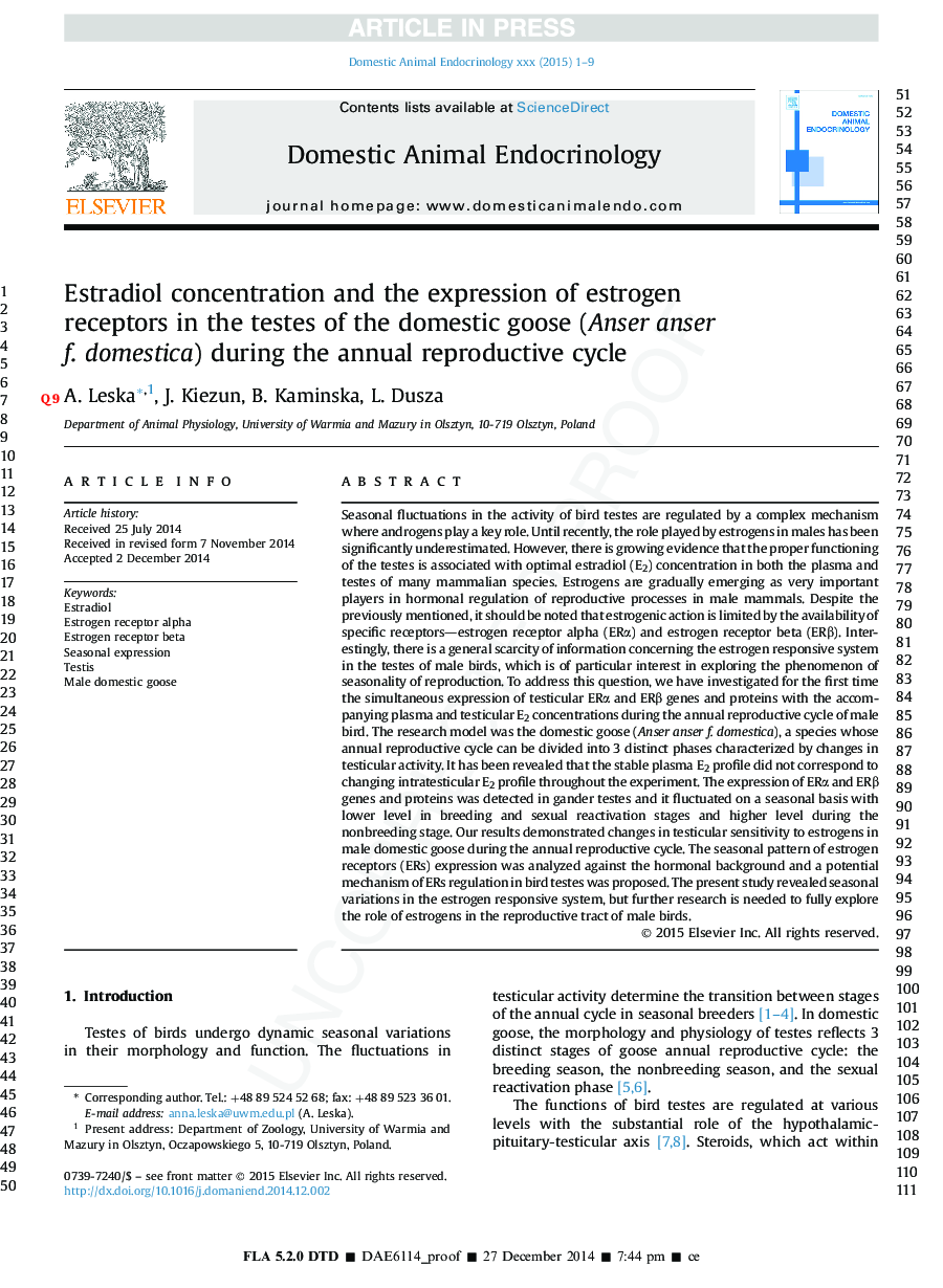 Estradiol concentration and the expression of estrogen receptors in the testes of the domestic goose (Anser anser f.Â domestica) during the annual reproductive cycle