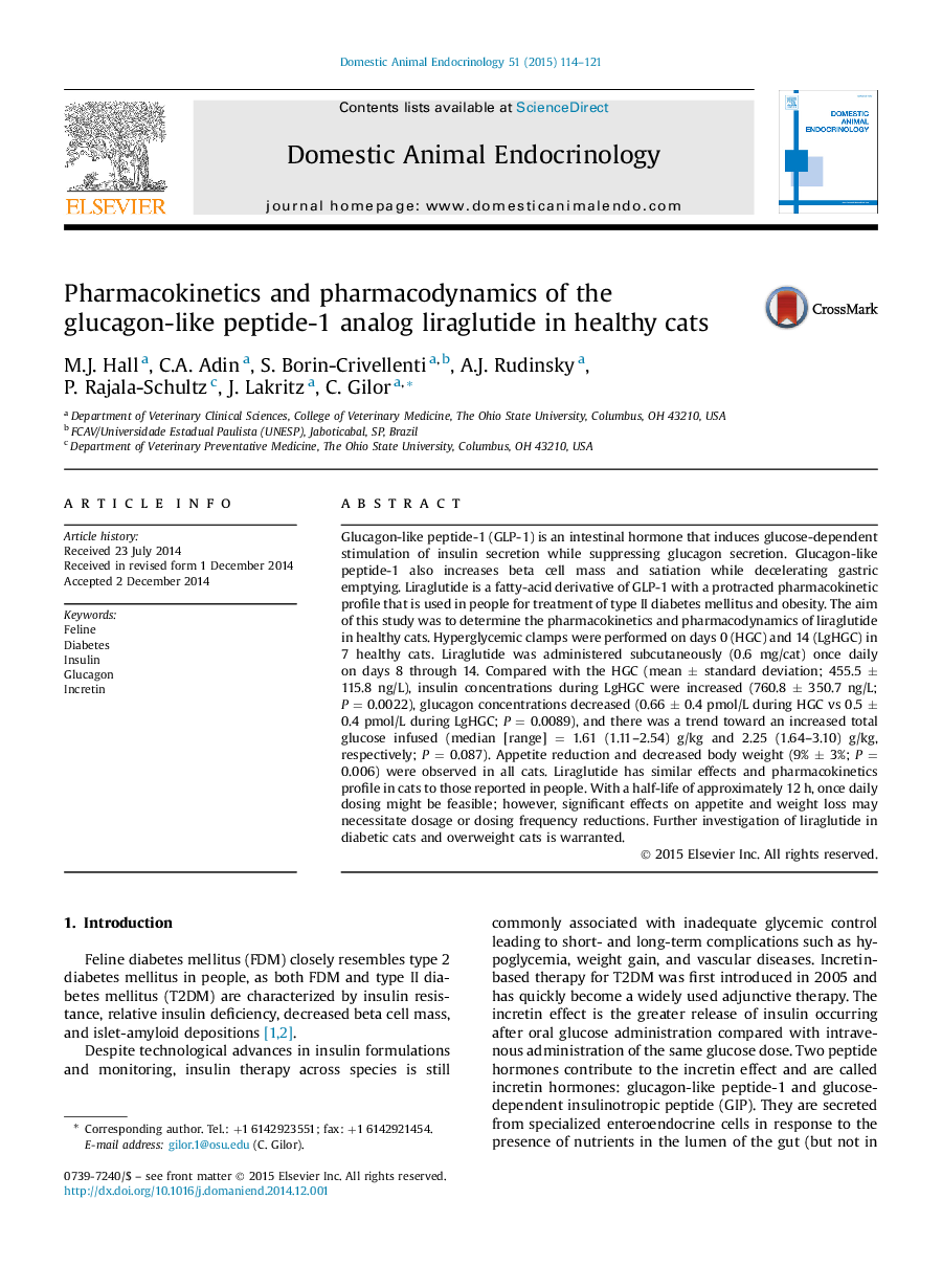 Pharmacokinetics and pharmacodynamics of the glucagon-like peptide-1 analog liraglutide in healthy cats