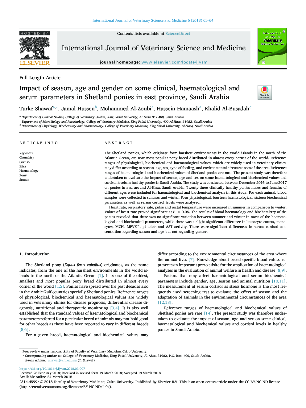 Impact of season, age and gender on some clinical, haematological and serum parameters in Shetland ponies in east province, Saudi Arabia