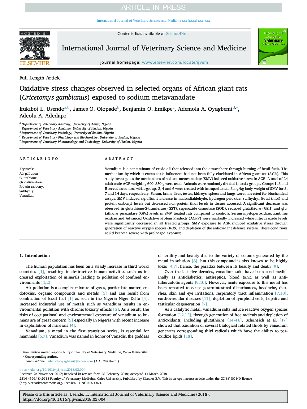 Oxidative stress changes observed in selected organs of African giant rats (Cricetomys gambianus) exposed to sodium metavanadate