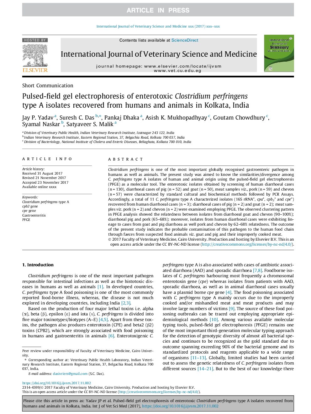 Pulsed-field gel electrophoresis of enterotoxic Clostridium perfringens type A isolates recovered from humans and animals in Kolkata, India