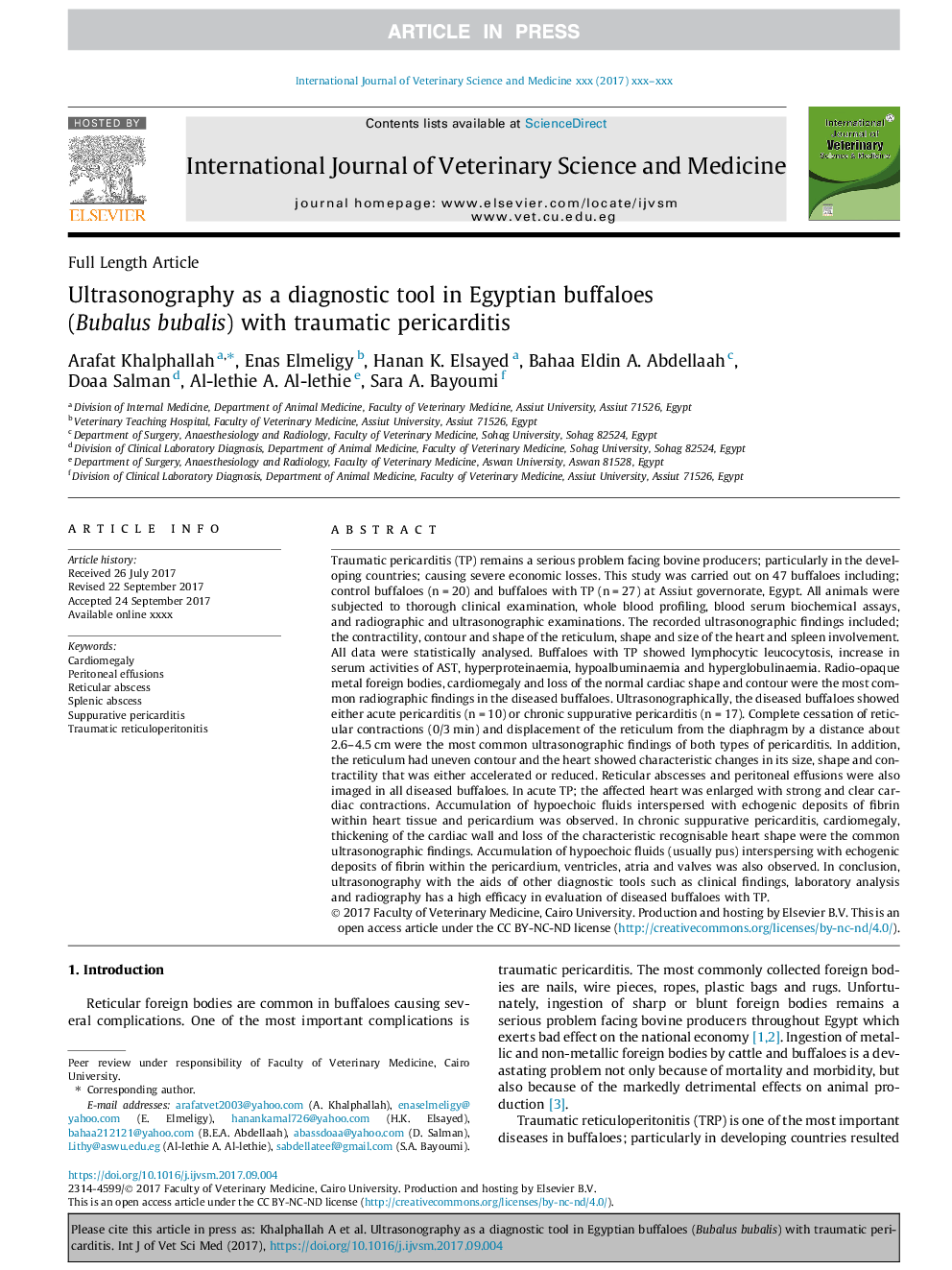 Ultrasonography as a diagnostic tool in Egyptian buffaloes (Bubalus bubalis) with traumatic pericarditis