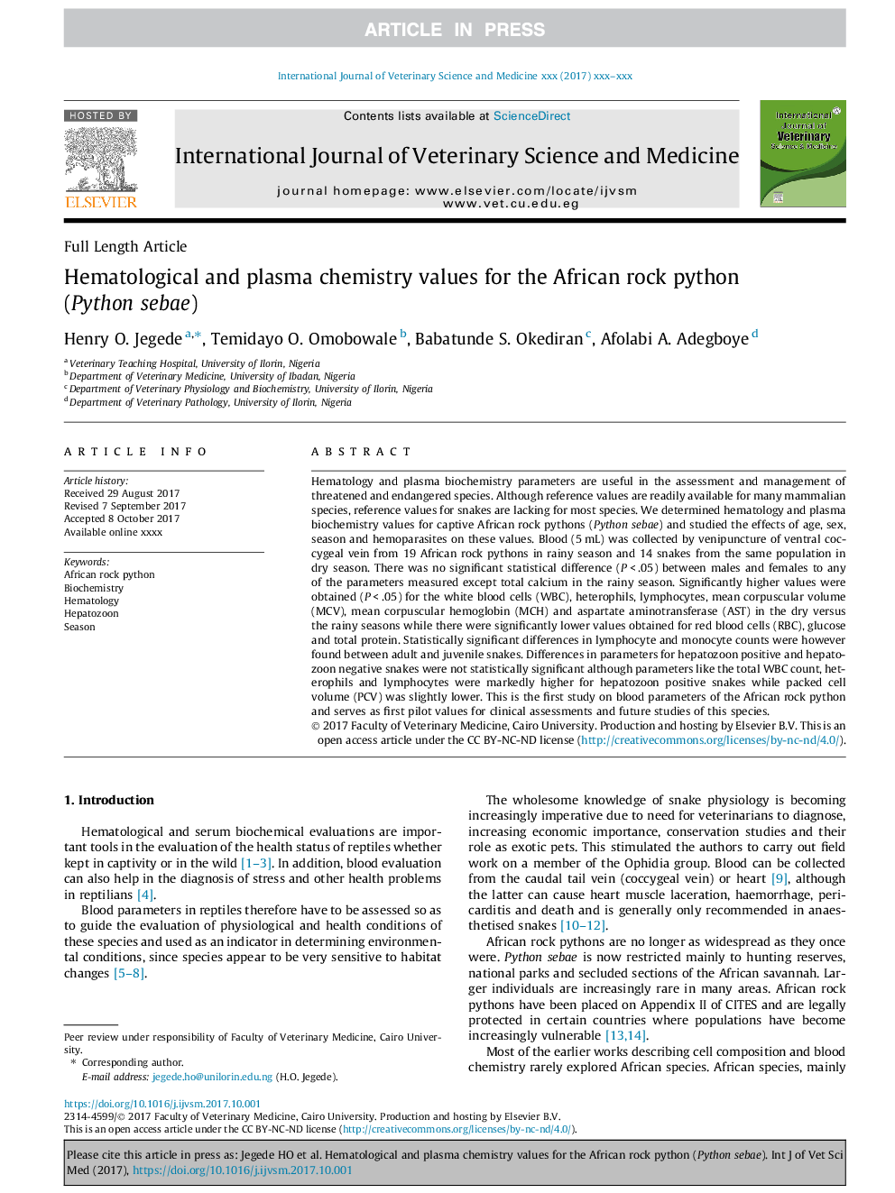 Hematological and plasma chemistry values for the African rock python (Python sebae)