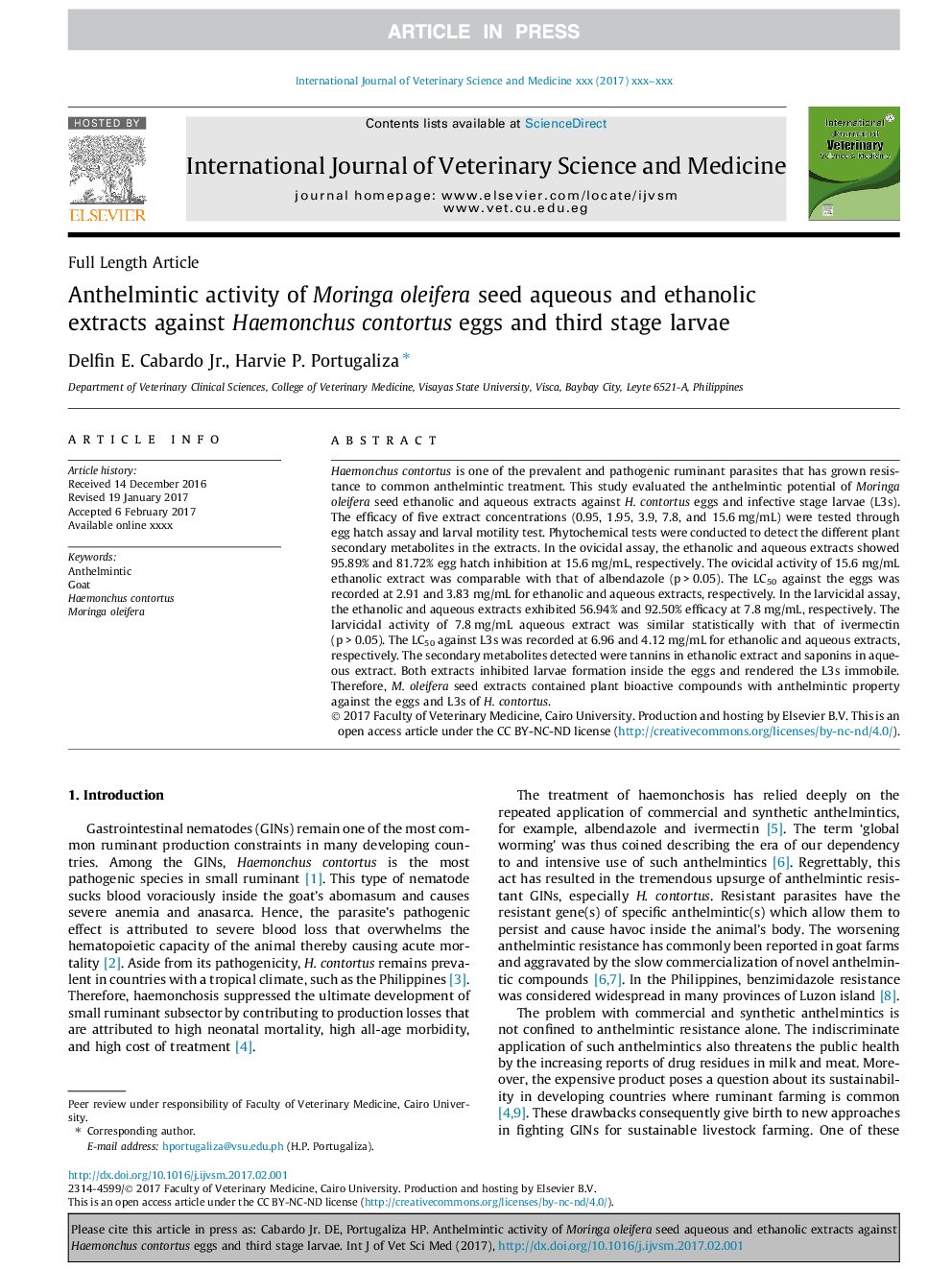 Anthelmintic activity of Moringa oleifera seed aqueous and ethanolic extracts against Haemonchus contortus eggs and third stage larvae