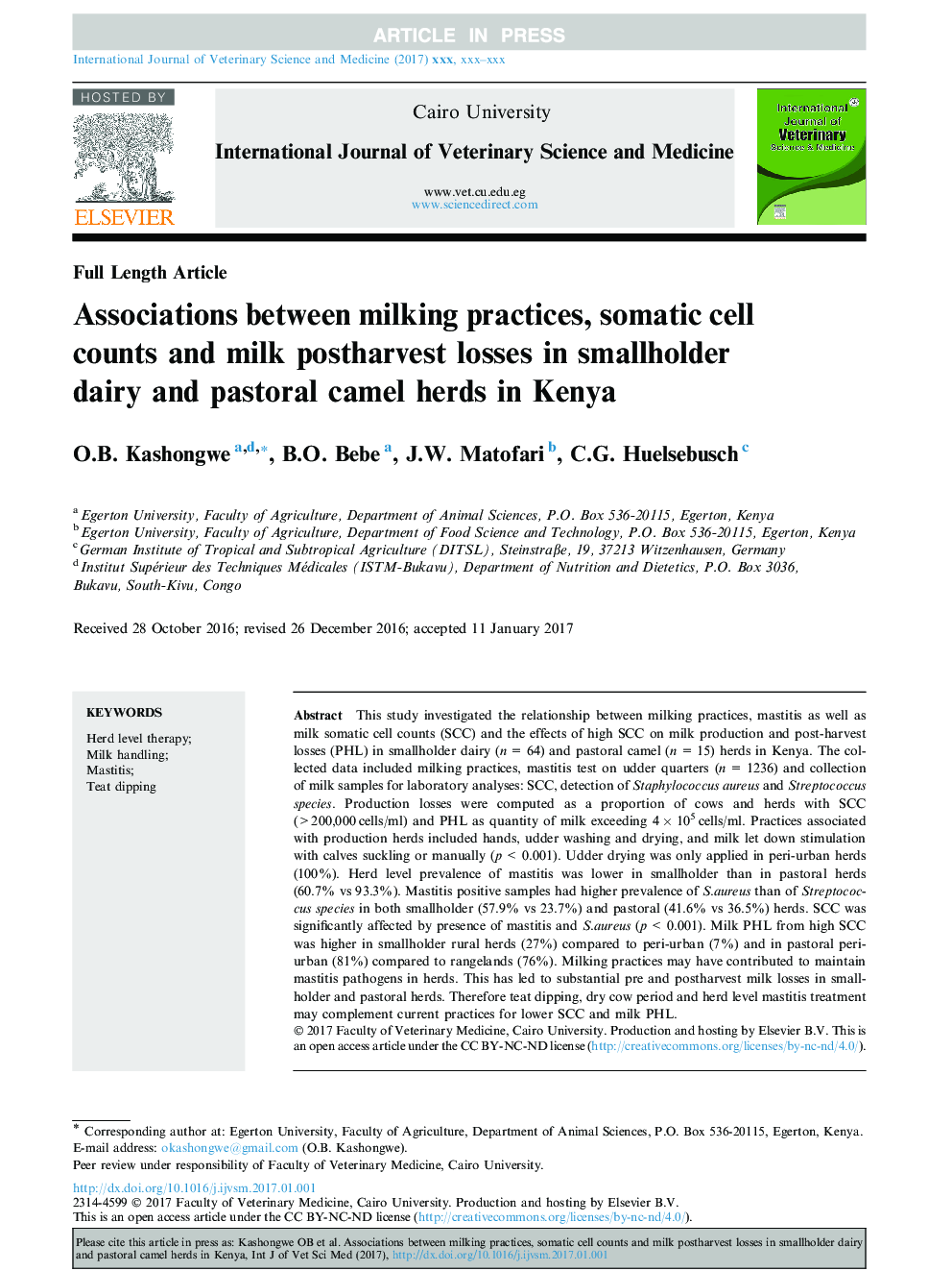 Associations between milking practices, somatic cell counts and milk postharvest losses in smallholder dairy and pastoral camel herds in Kenya