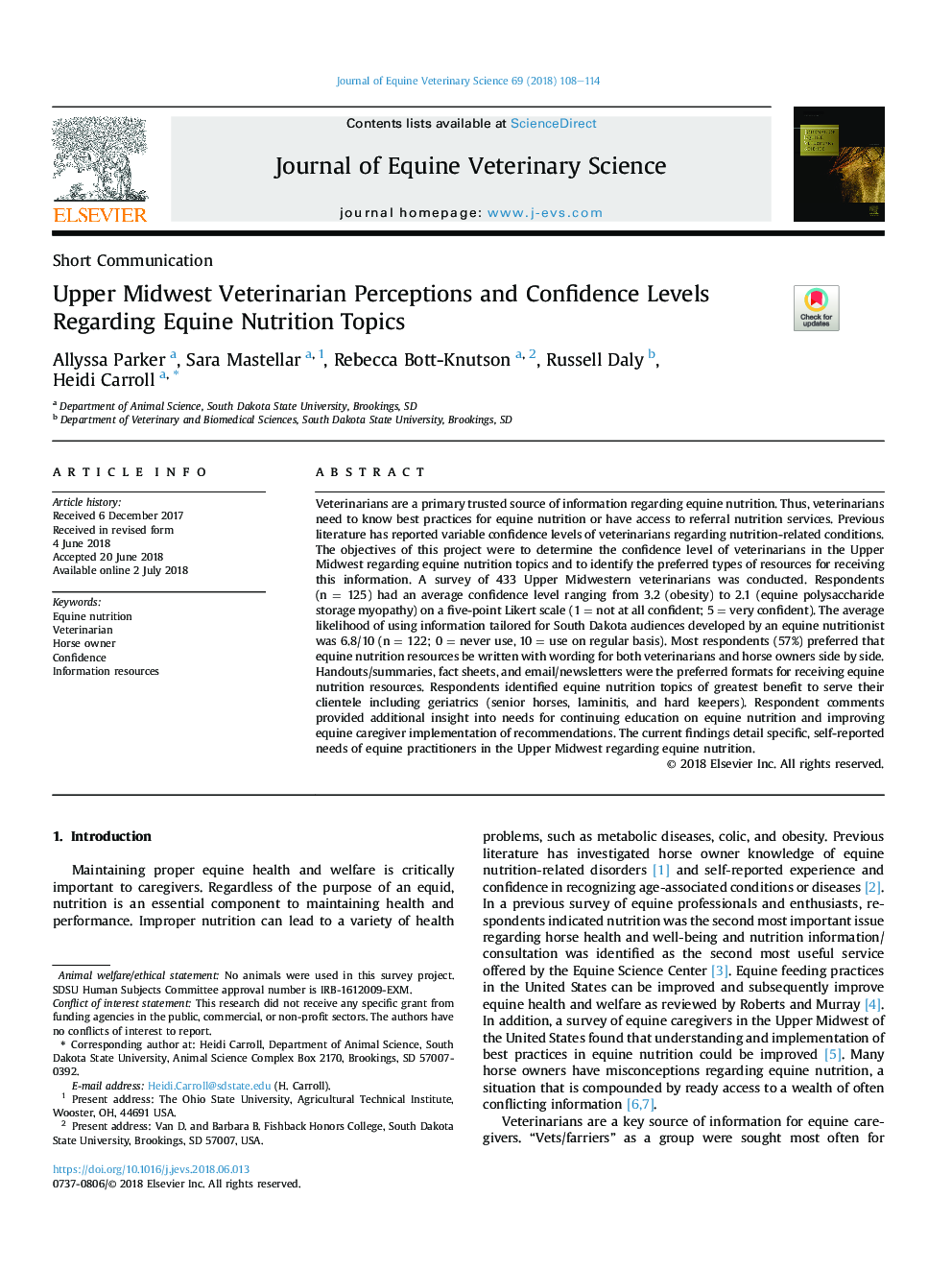 Upper Midwest Veterinarian Perceptions and Confidence Levels Regarding Equine Nutrition Topics