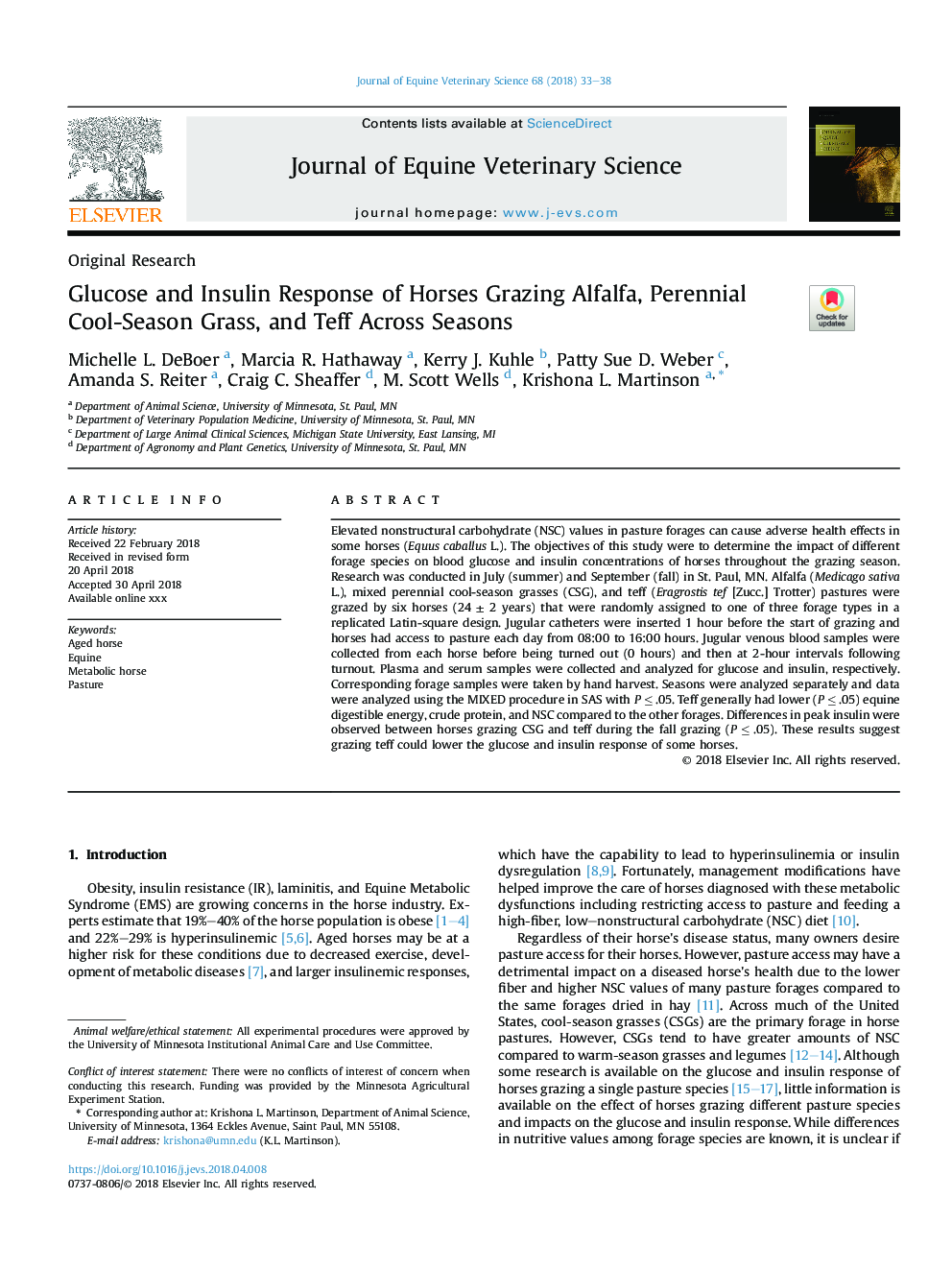 Glucose and Insulin Response of Horses Grazing Alfalfa, Perennial Cool-Season Grass, and Teff Across Seasons