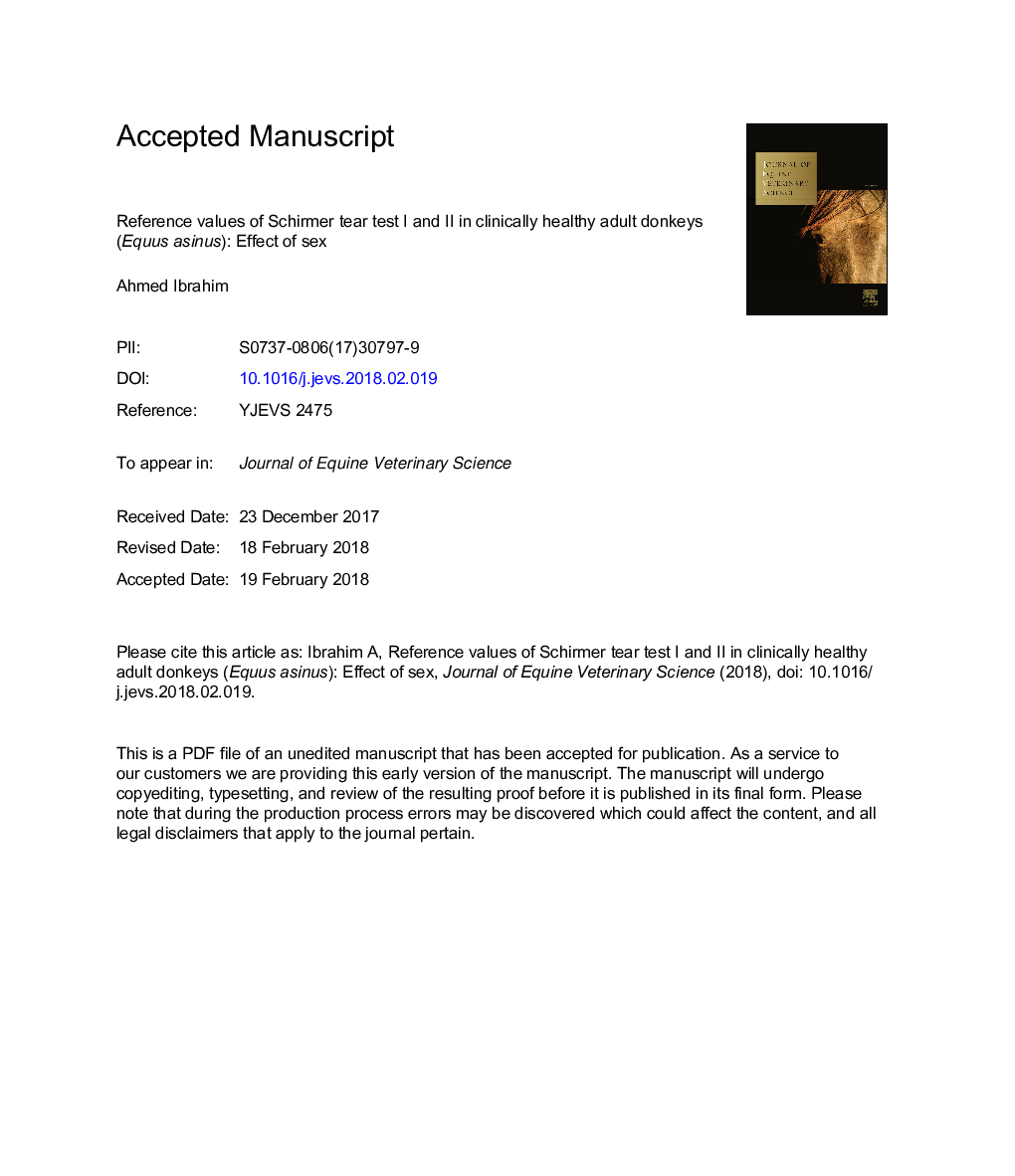 Reference Values of Schirmer Tear Test I and II in Clinically Healthy Adult Donkeys (Equus asinus): Effect of Sex