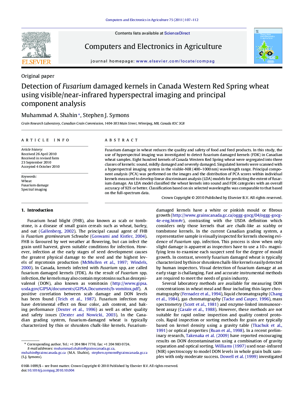 Detection of Fusarium damaged kernels in Canada Western Red Spring wheat using visible/near-infrared hyperspectral imaging and principal component analysis