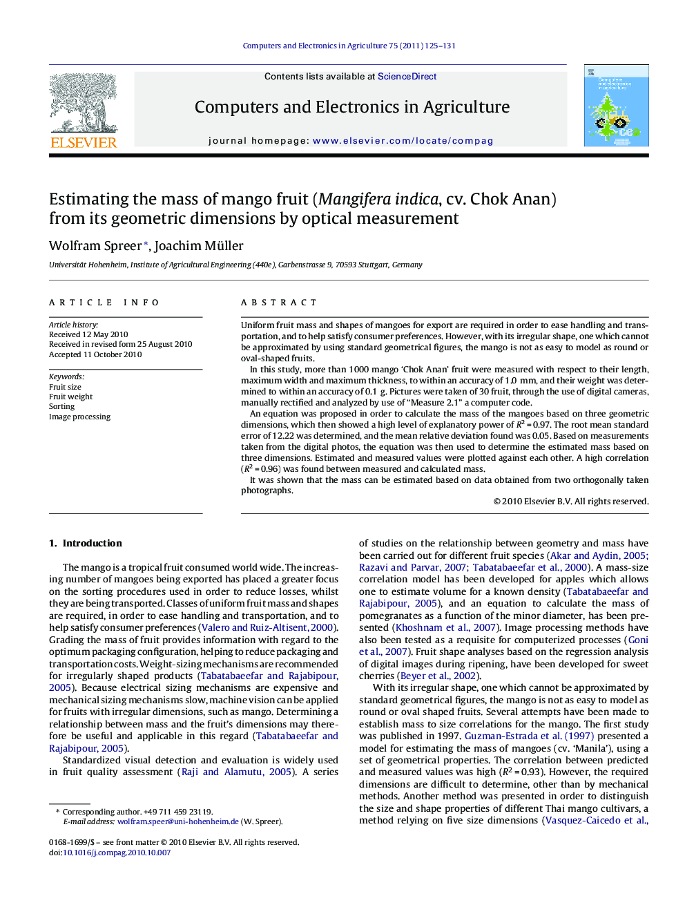 Estimating the mass of mango fruit (Mangifera indica, cv. Chok Anan) from its geometric dimensions by optical measurement