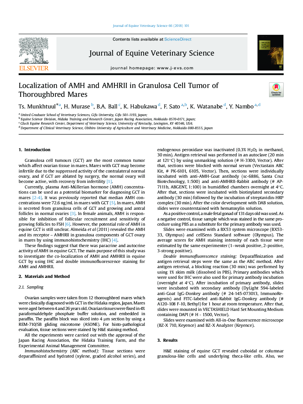 Localization of AMH and AMHRII in Granulosa Cell Tumor of Thoroughbred Mares