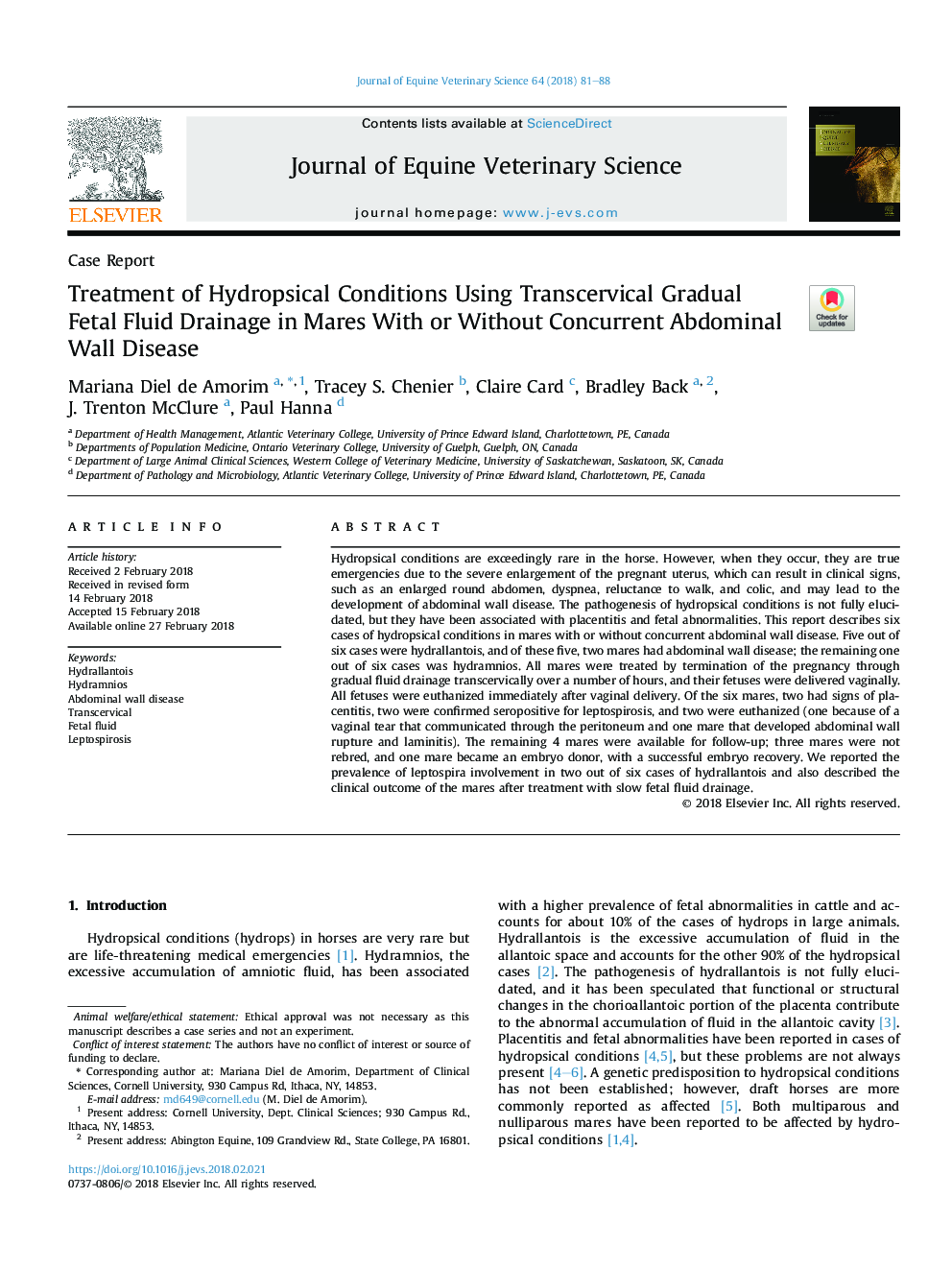 Treatment of Hydropsical Conditions Using Transcervical Gradual Fetal Fluid Drainage in Mares With or Without Concurrent Abdominal Wall Disease