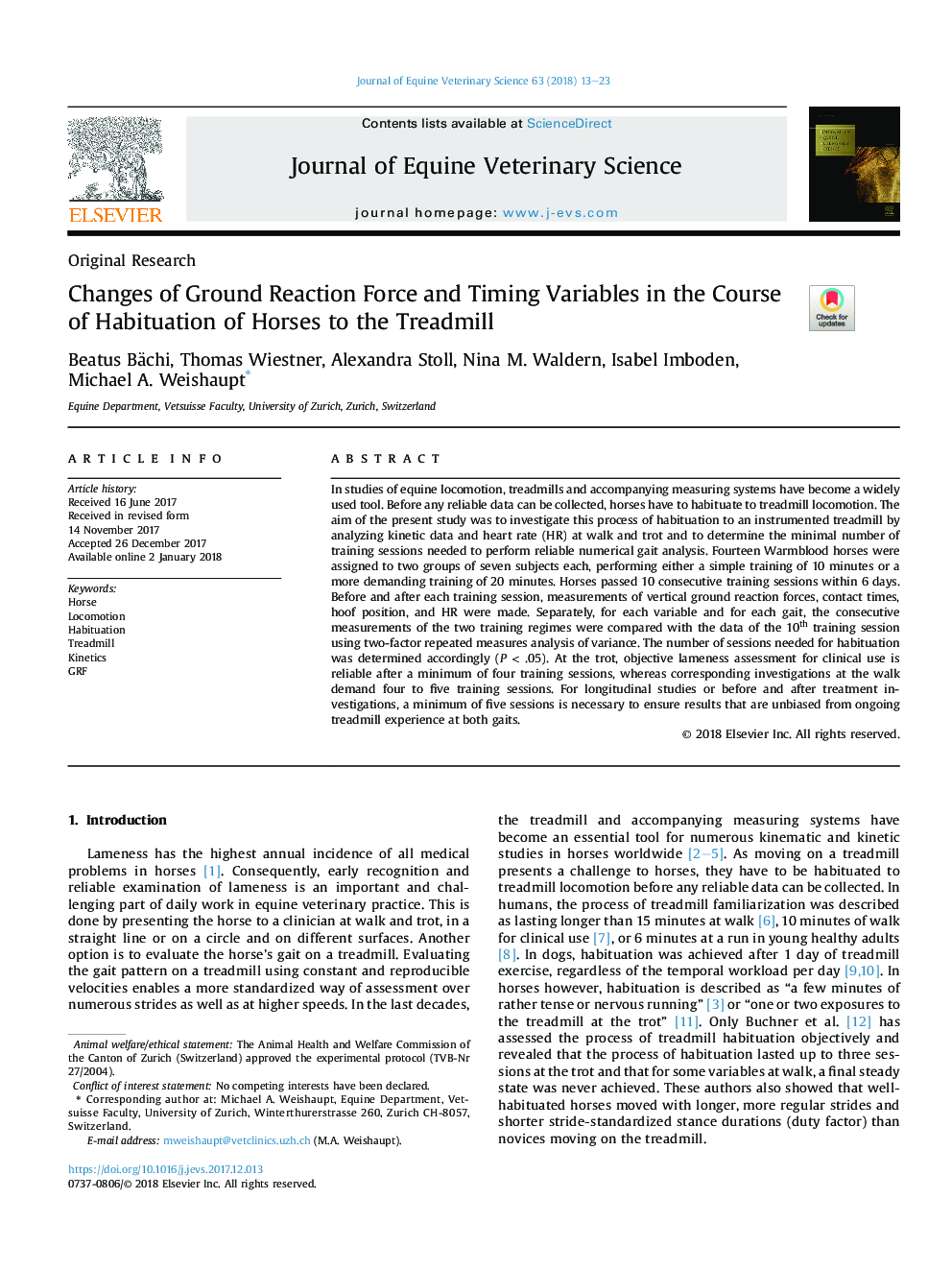 Changes of Ground Reaction Force and Timing Variables in the Course of Habituation of Horses to the Treadmill