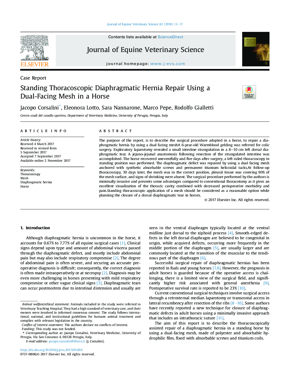 Standing Thoracoscopic Diaphragmatic Hernia Repair Using a Dual-Facing Mesh in a Horse