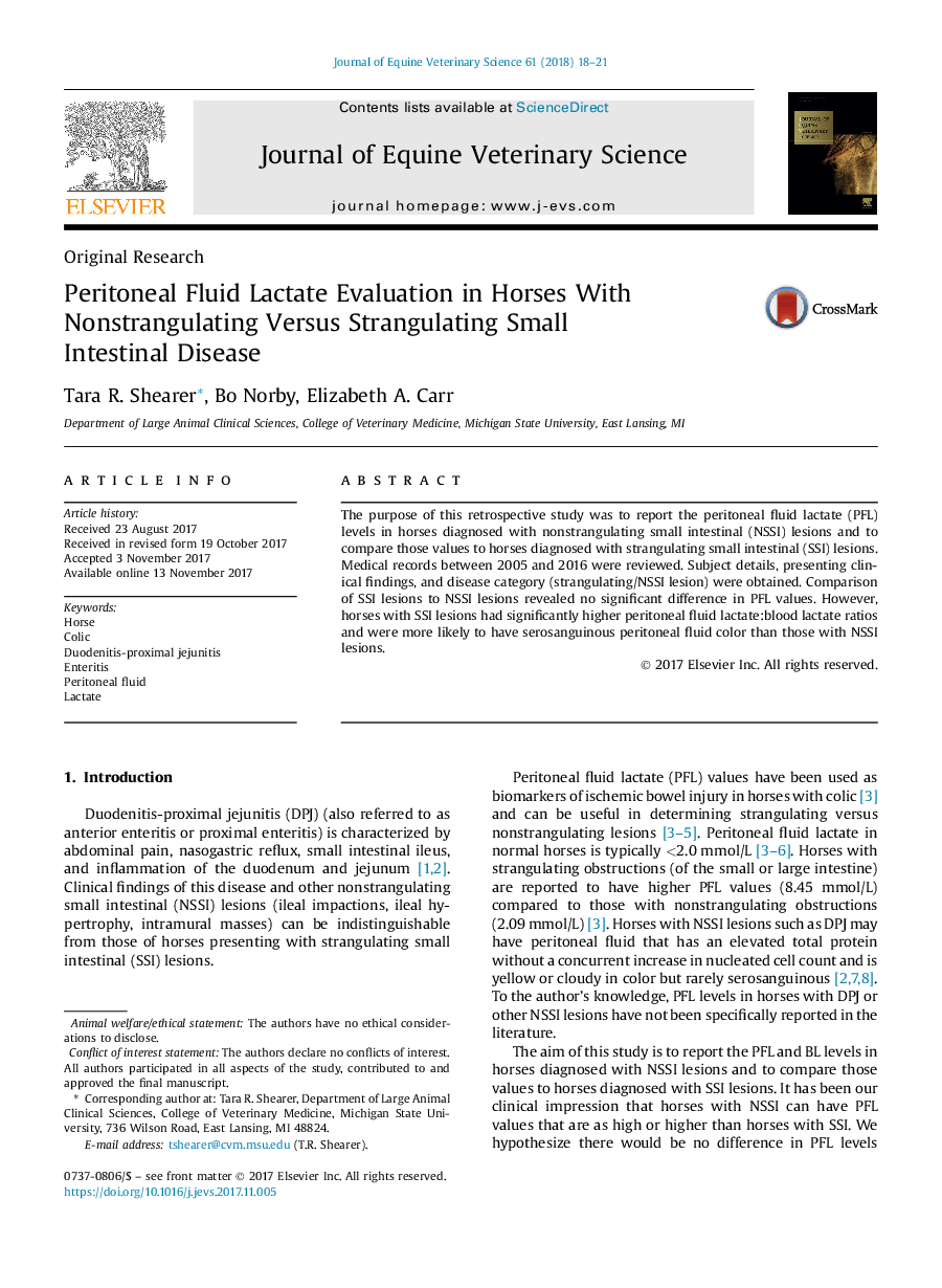 Peritoneal Fluid Lactate Evaluation in Horses With Nonstrangulating Versus Strangulating Small Intestinal Disease