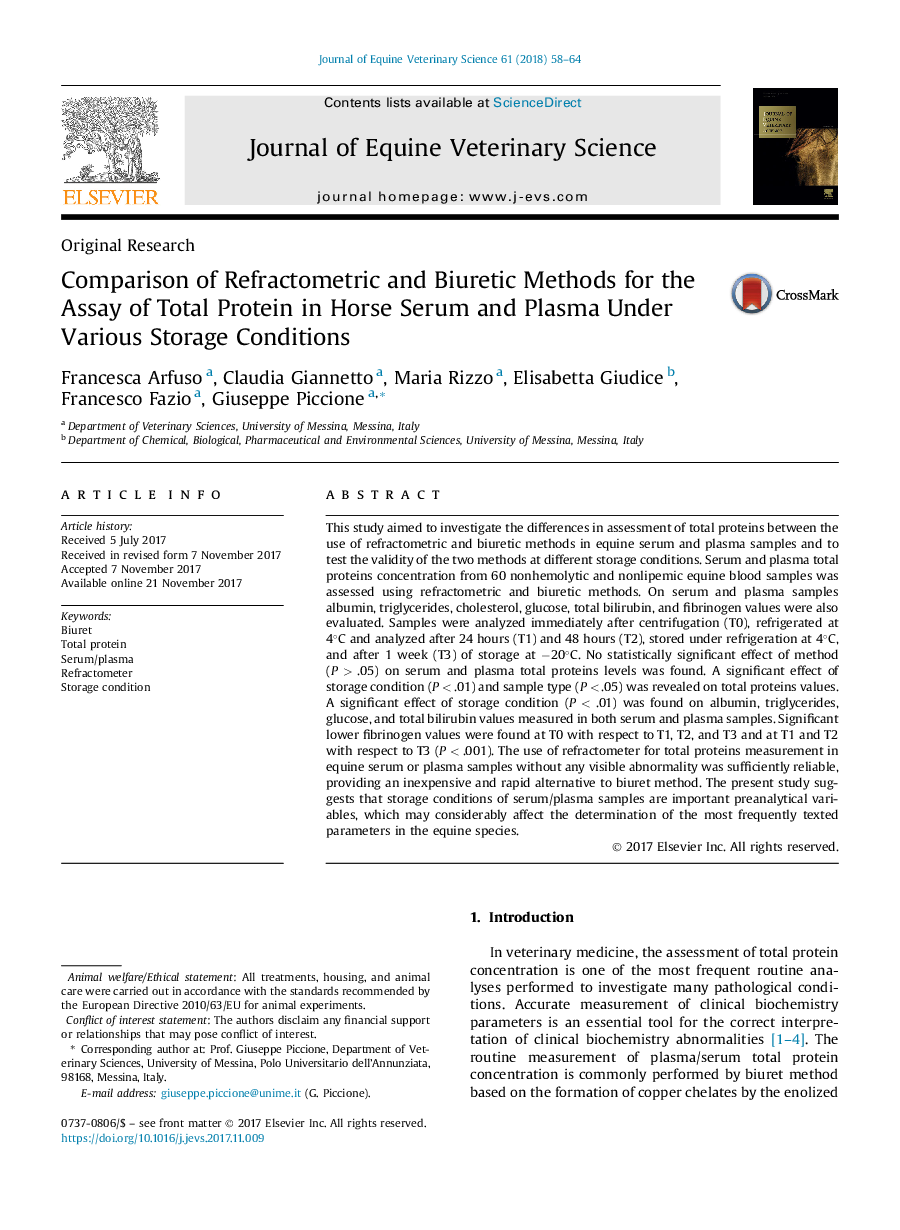 Comparison of Refractometric and Biuretic Methods for the Assay of Total Protein in Horse Serum and Plasma Under Various Storage Conditions