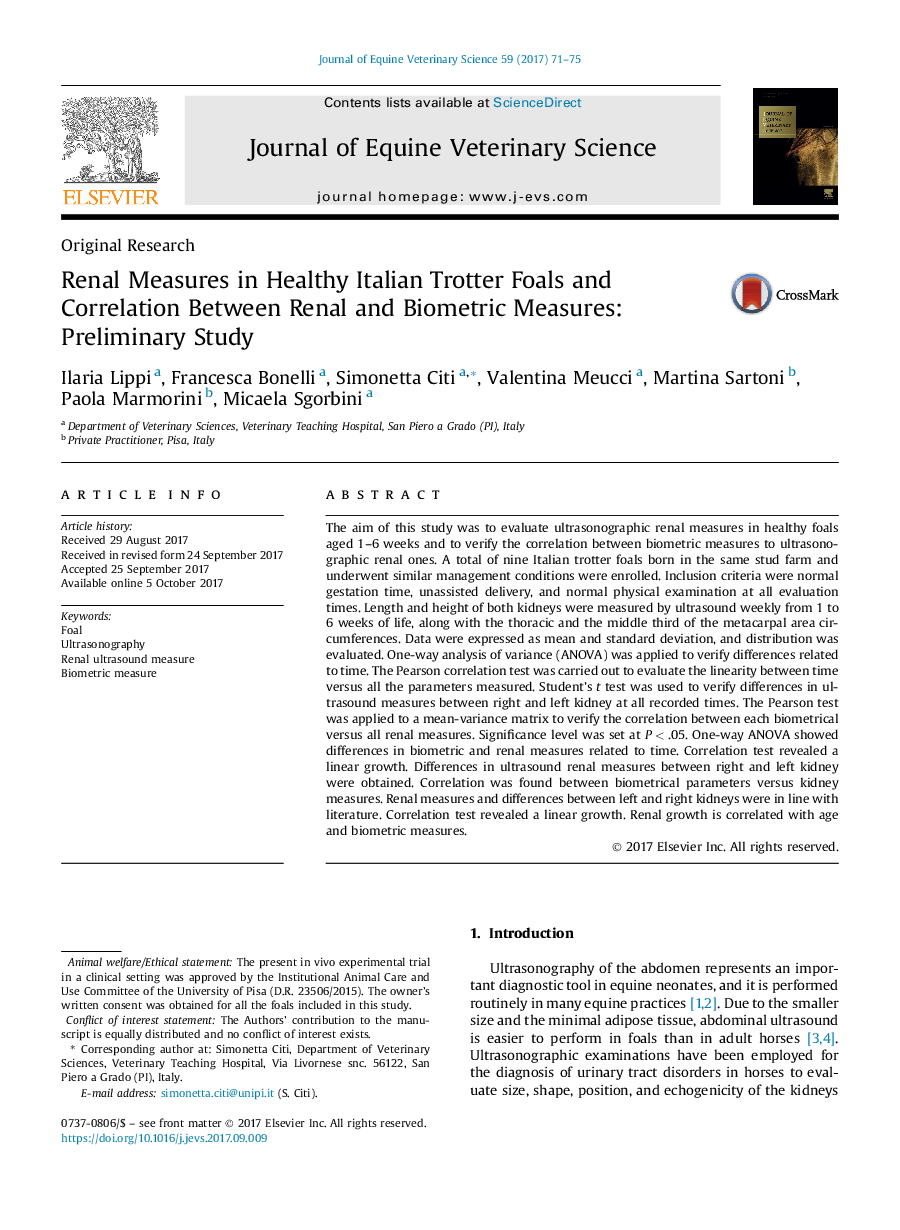 Renal Measures in Healthy Italian Trotter Foals and Correlation Between Renal and Biometric Measures: Preliminary Study