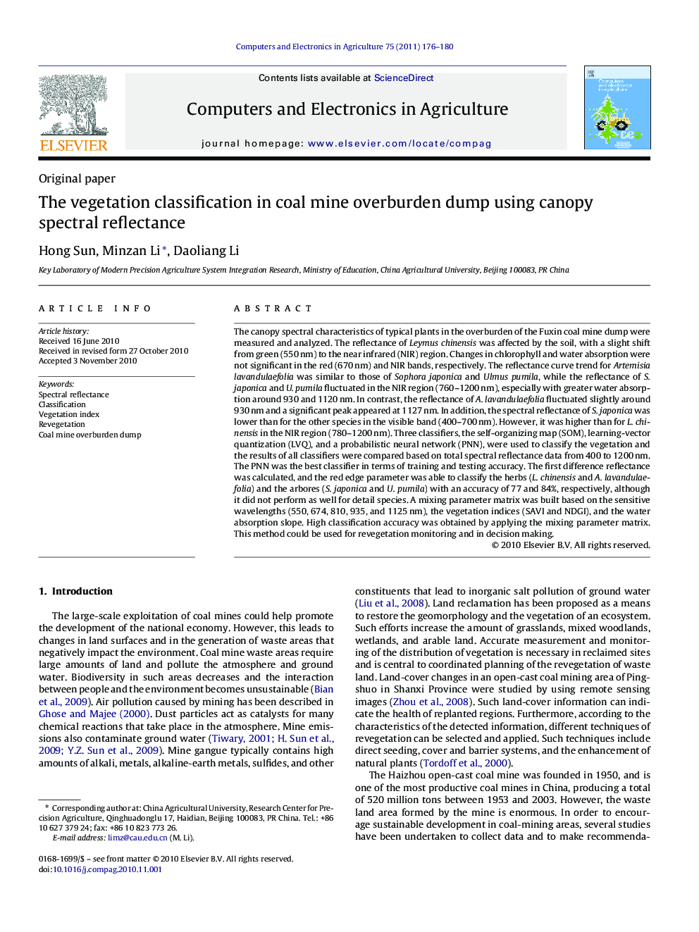 The vegetation classification in coal mine overburden dump using canopy spectral reflectance