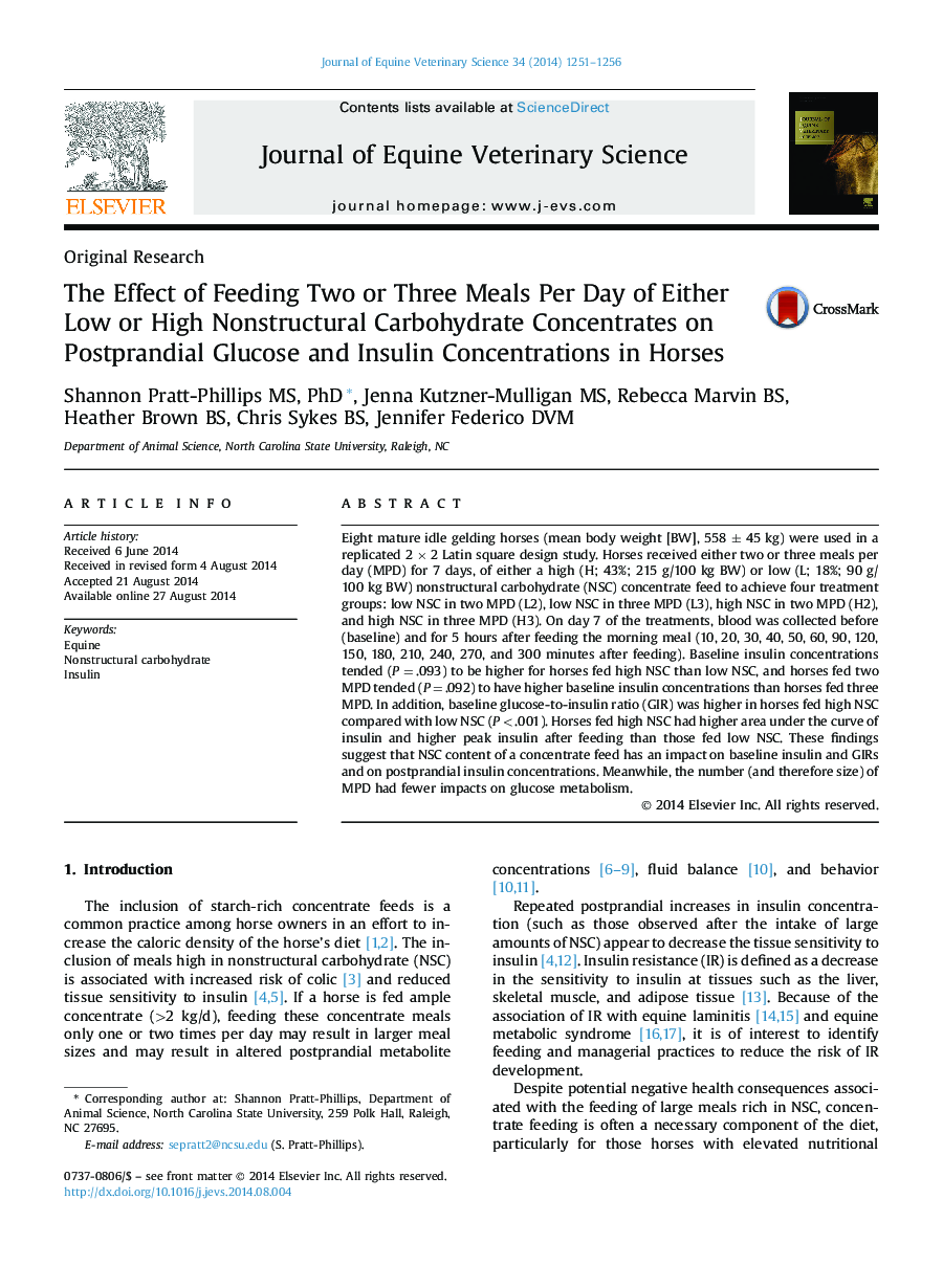 The Effect of Feeding Two or Three Meals Per Day of Either Low or High Nonstructural Carbohydrate Concentrates on Postprandial Glucose and Insulin Concentrations in Horses