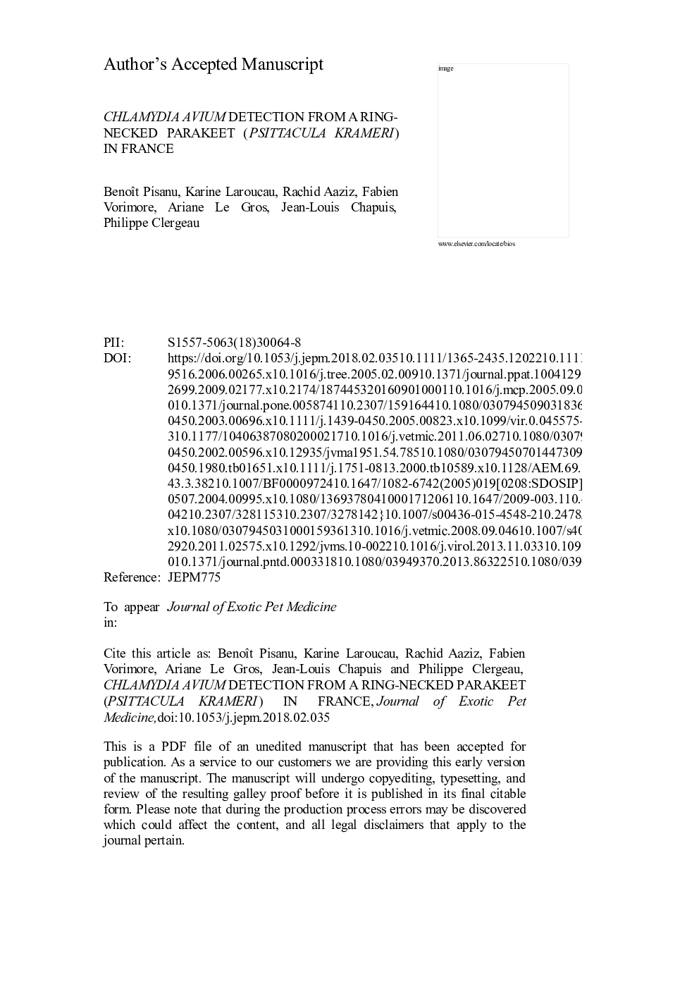 CHLAMYDIA AVIUM DETECTION FROM A RING-NECKED PARAKEET (PSITTACULA KRAMERI) IN FRANCE