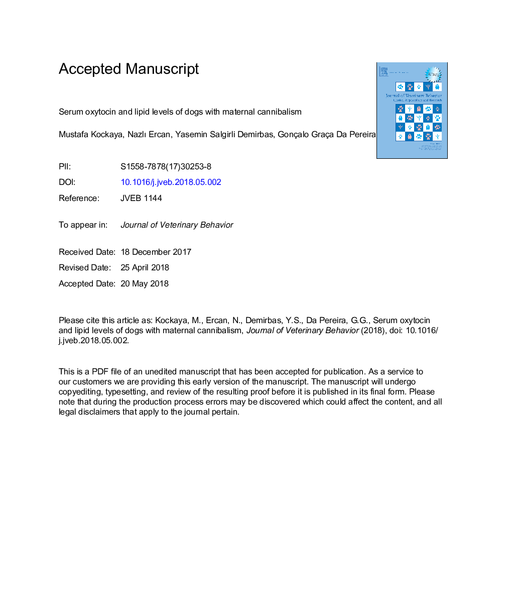 Serum oxytocin and lipid levels of dogs with maternal cannibalism