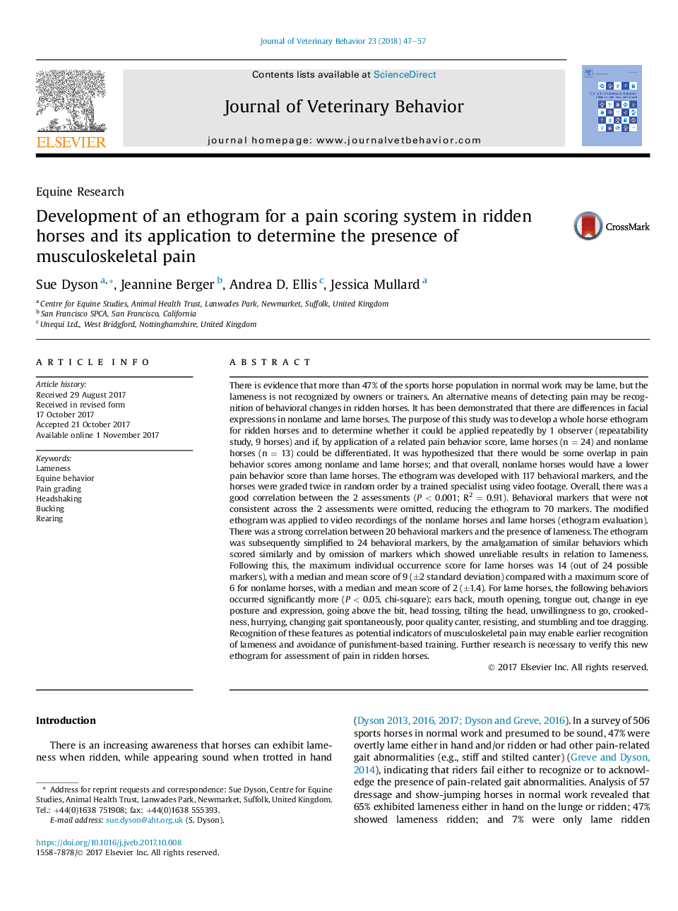 Development of an ethogram for a pain scoring system in ridden horses and its application to determine the presence of musculoskeletal pain