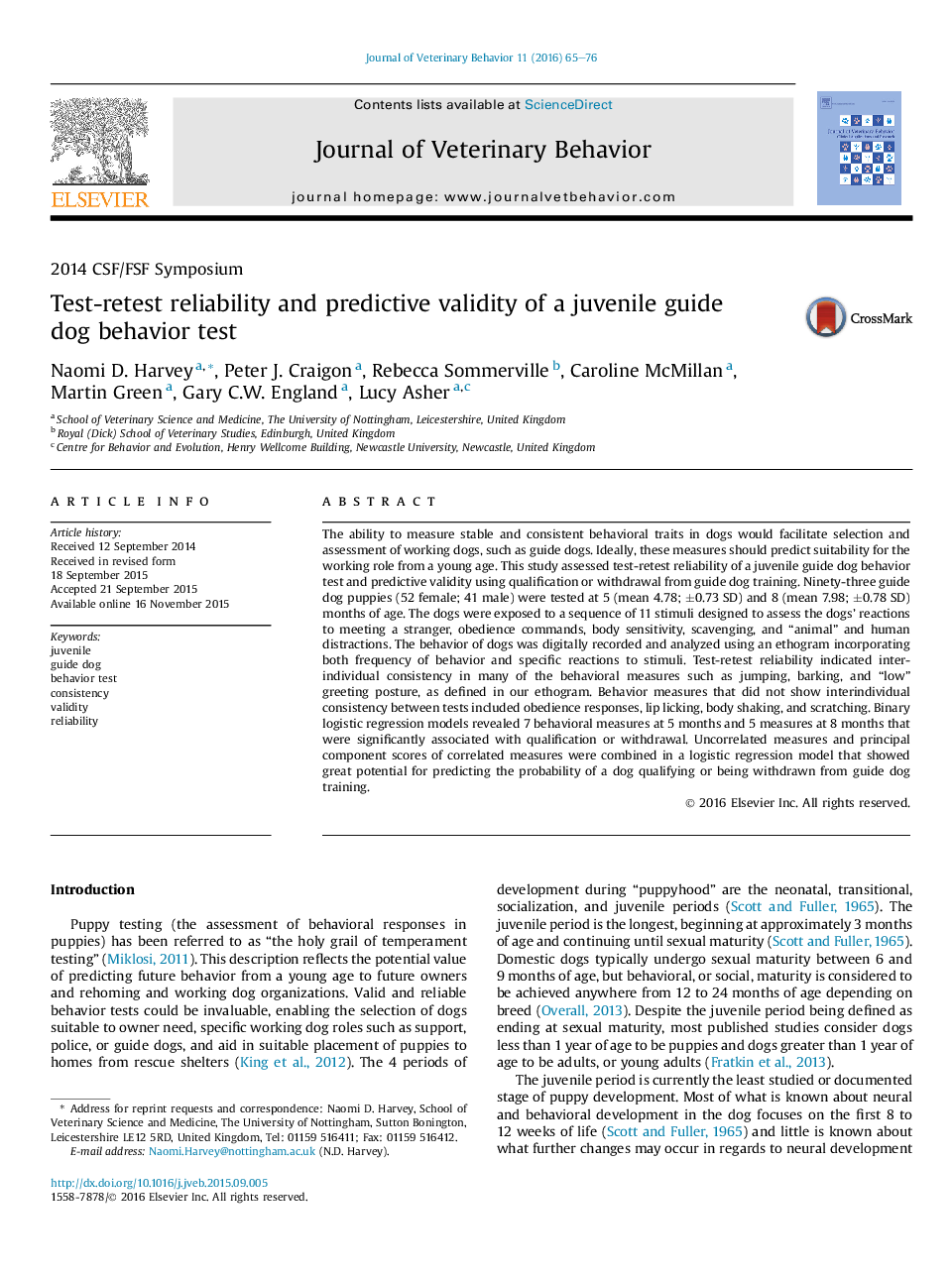 Test-retest reliability and predictive validity of a juvenile guide dogÂ behavior test