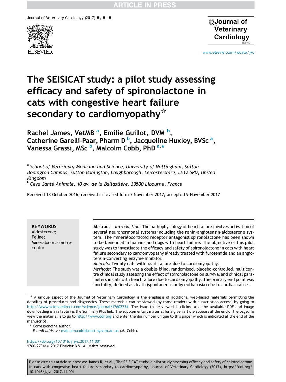 The SEISICAT study: a pilot study assessing efficacy and safety of spironolactone in cats with congestive heart failure secondary to cardiomyopathy