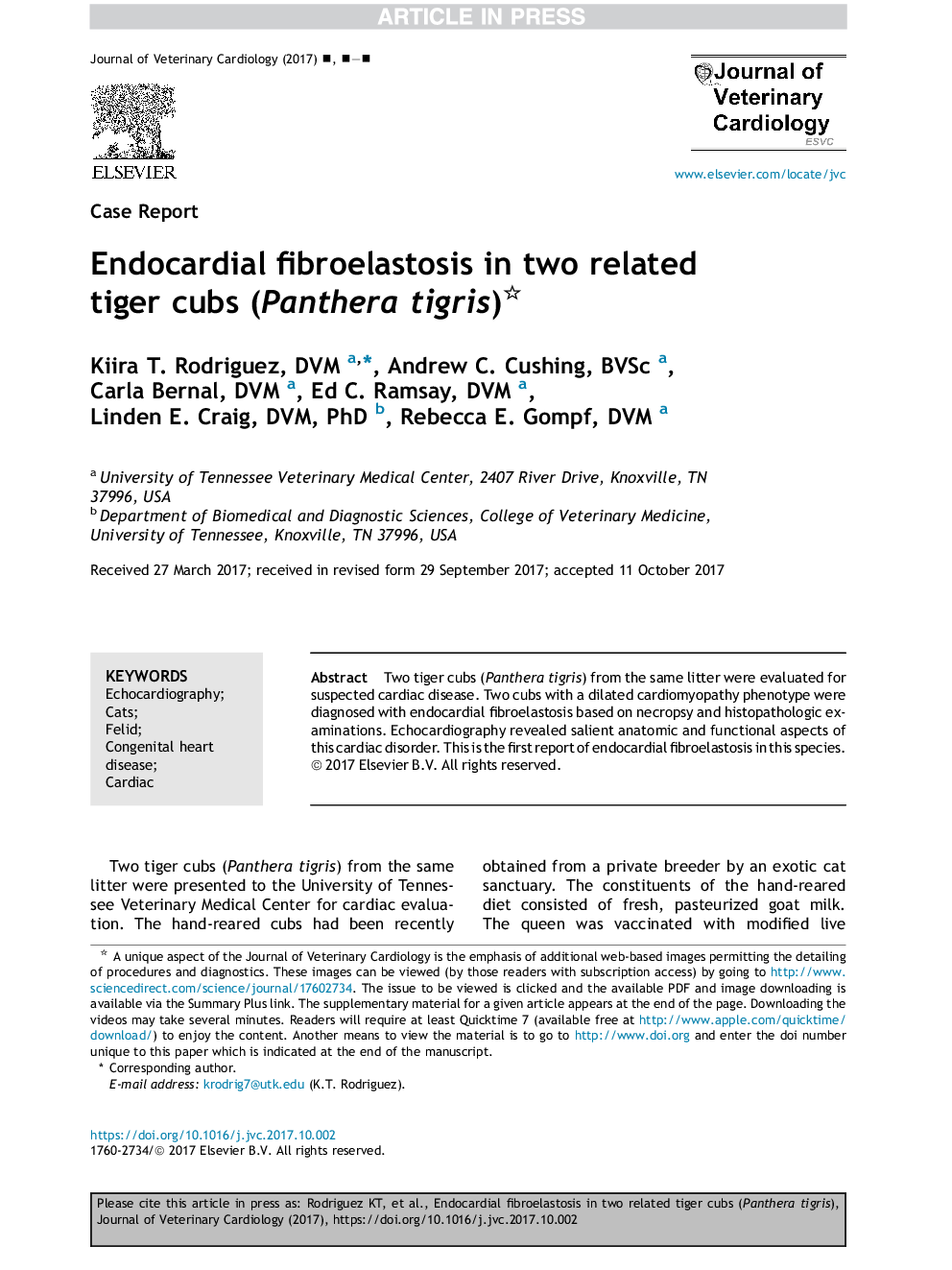 Endocardial fibroelastosis in two related tiger cubs (Panthera tigris)