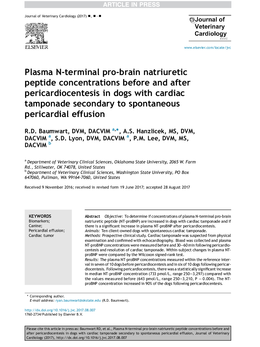 Plasma N-terminal pro-brain natriuretic peptide concentrations before and after pericardiocentesis in dogs with cardiac tamponade secondary to spontaneous pericardial effusion