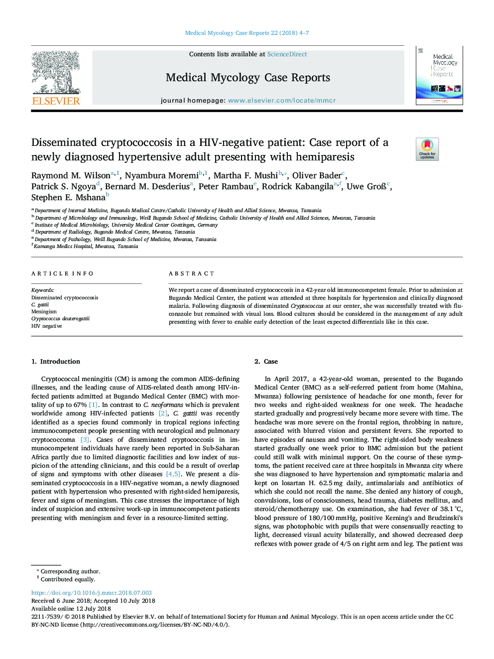 Disseminated cryptococcosis in a HIV-negative patient: Case report of a newly diagnosed hypertensive adult presenting with hemiparesis