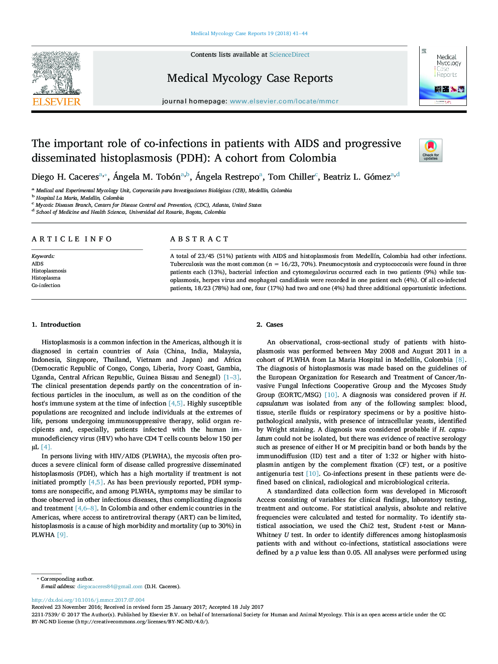 The important role of co-infections in patients with AIDS and progressive disseminated histoplasmosis (PDH): A cohort from Colombia