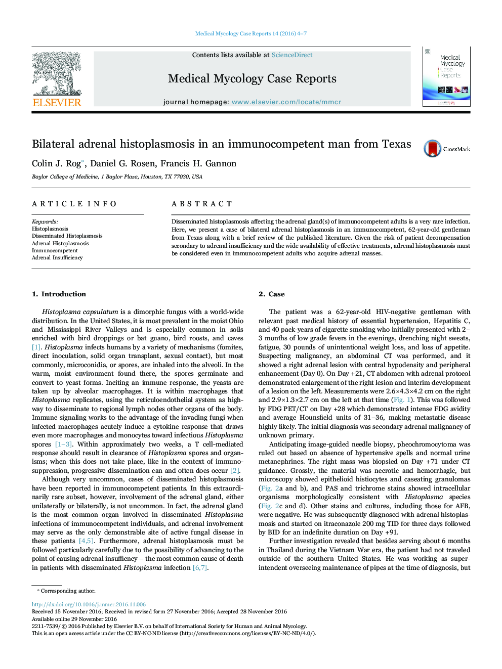 Bilateral adrenal histoplasmosis in an immunocompetent man from Texas