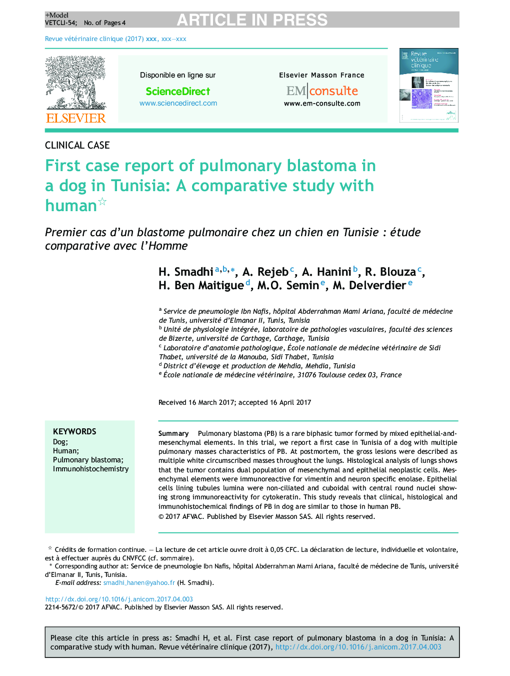 First case report of pulmonary blastoma in a dog in Tunisia: A comparative study with human