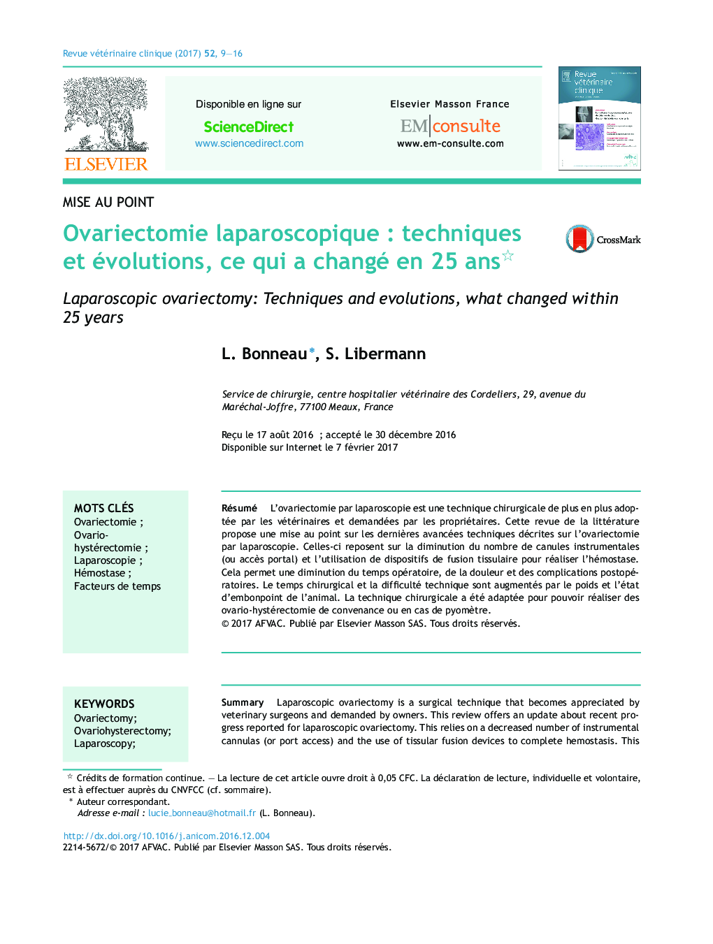 Ovariectomie laparoscopiqueÂ : techniques et évolutions, ce qui a changé en 25Â ans