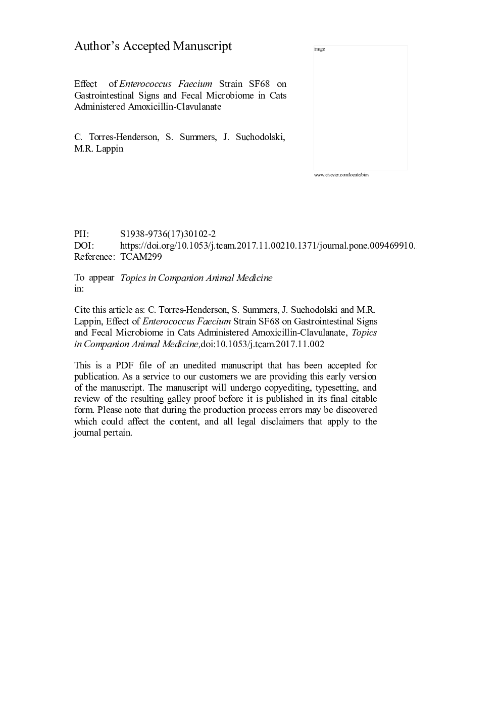 Effect of Enterococcus Faecium Strain SF68 on Gastrointestinal Signs and Fecal Microbiome in Cats Administered Amoxicillin-Clavulanate