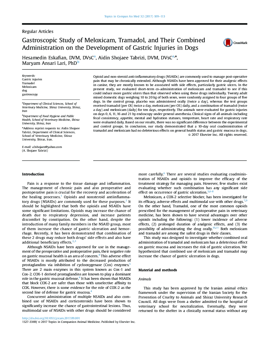 Gastroscopic Study of Meloxicam, Tramadol, and Their Combined Administration on the Development of Gastric Injuries in Dogs