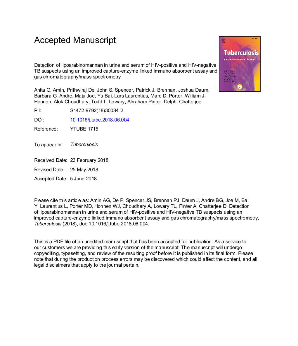 Detection of lipoarabinomannan in urine and serum of HIV-positive and HIV-negative TB suspects using an improved capture-enzyme linked immuno absorbent assay and gas chromatography/mass spectrometry