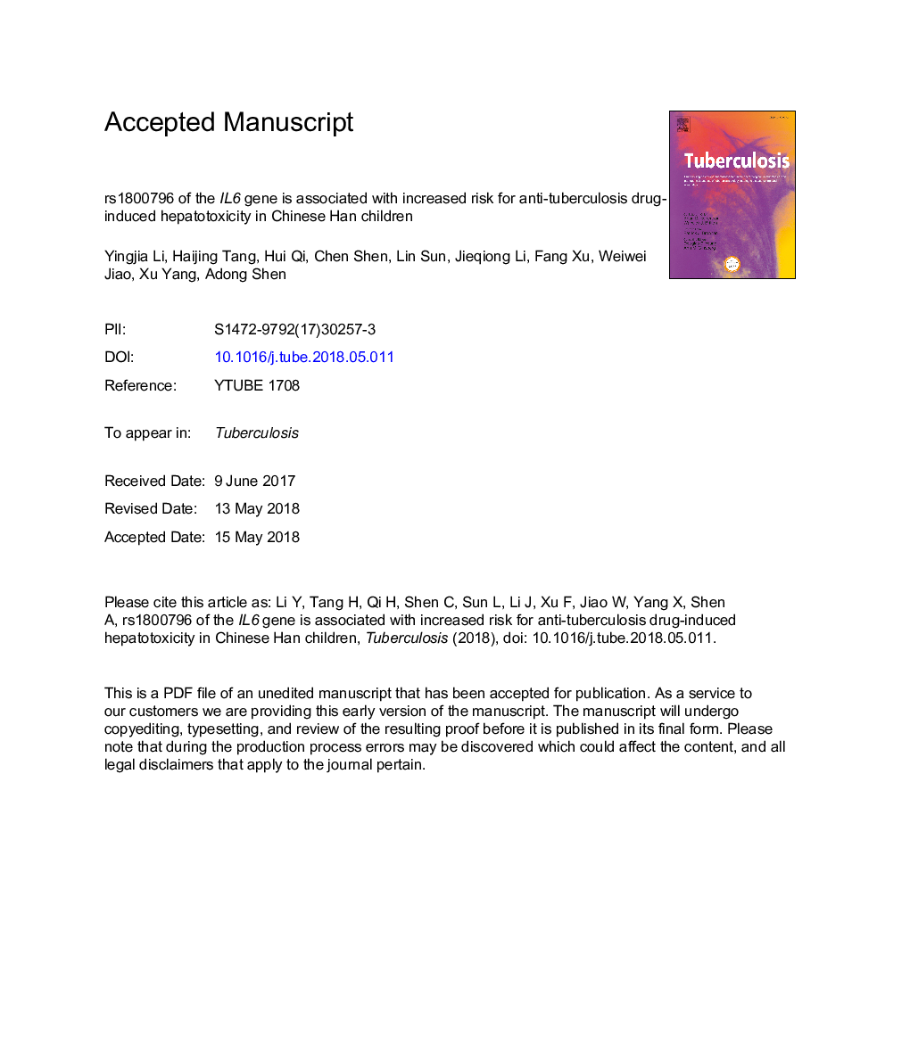 rs1800796 of the IL6 gene is associated with increased risk for anti-tuberculosis drug-induced hepatotoxicity in Chinese Han children