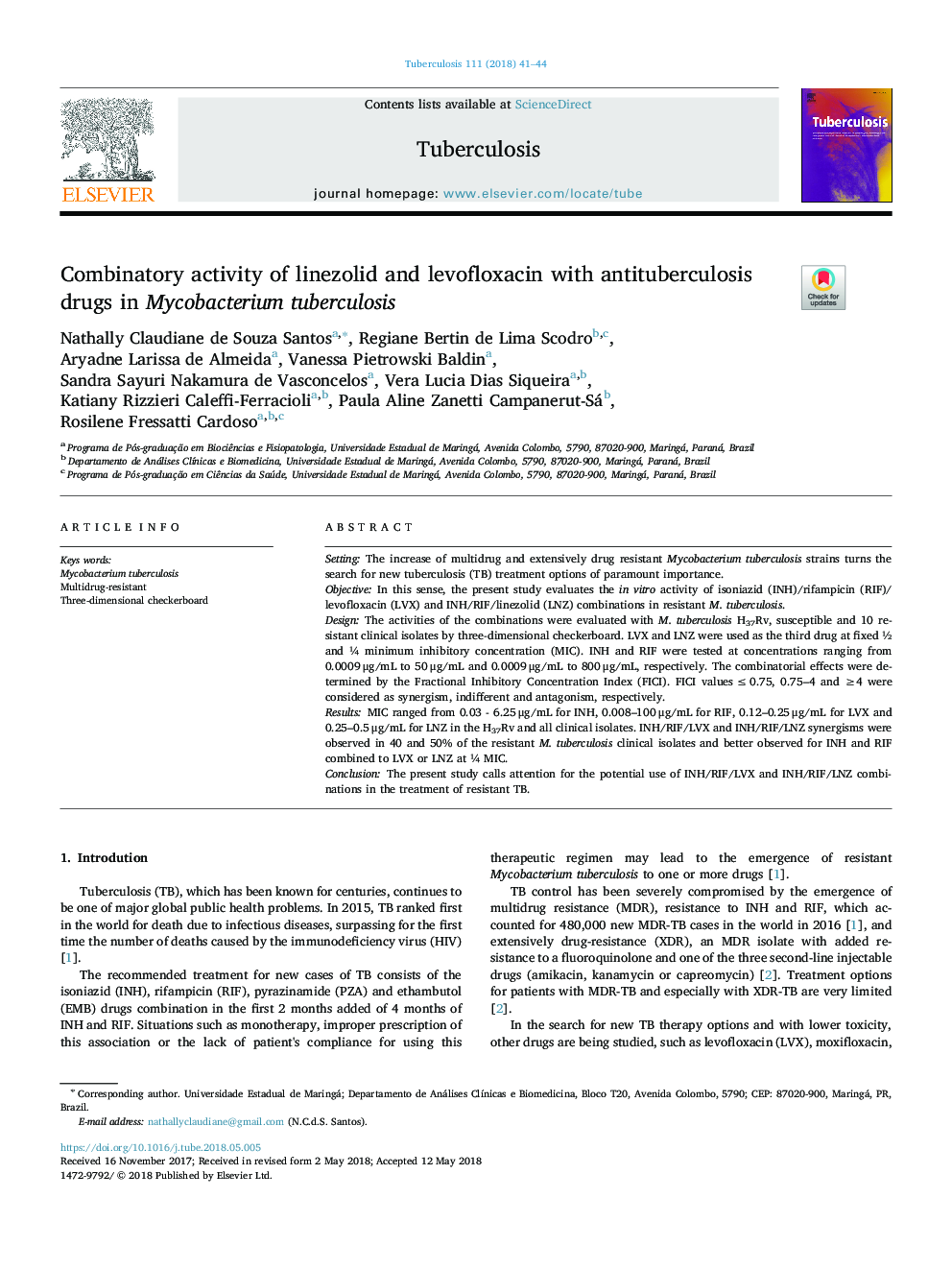 Combinatory activity of linezolid and levofloxacin with antituberculosis drugs in Mycobacterium tuberculosis