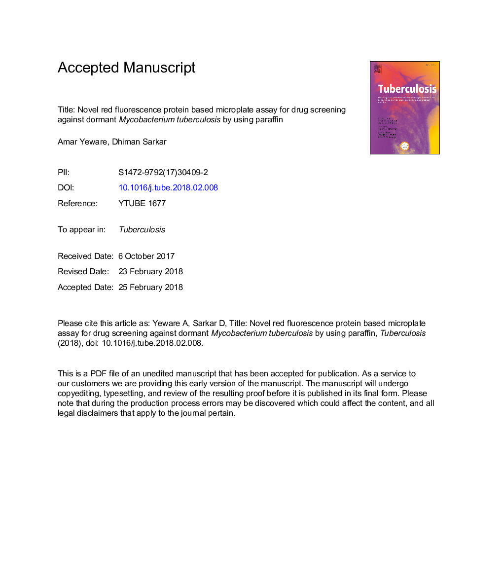عکس صفحه اول مقاله: Novel red fluorescence protein based microplate assay for drug screening against dormant Mycobacterium tuberculosis by using paraffin Novel red fluorescence protein based microplate assay for drug screening against dormant Mycobacterium tuberculosis by using paraffin