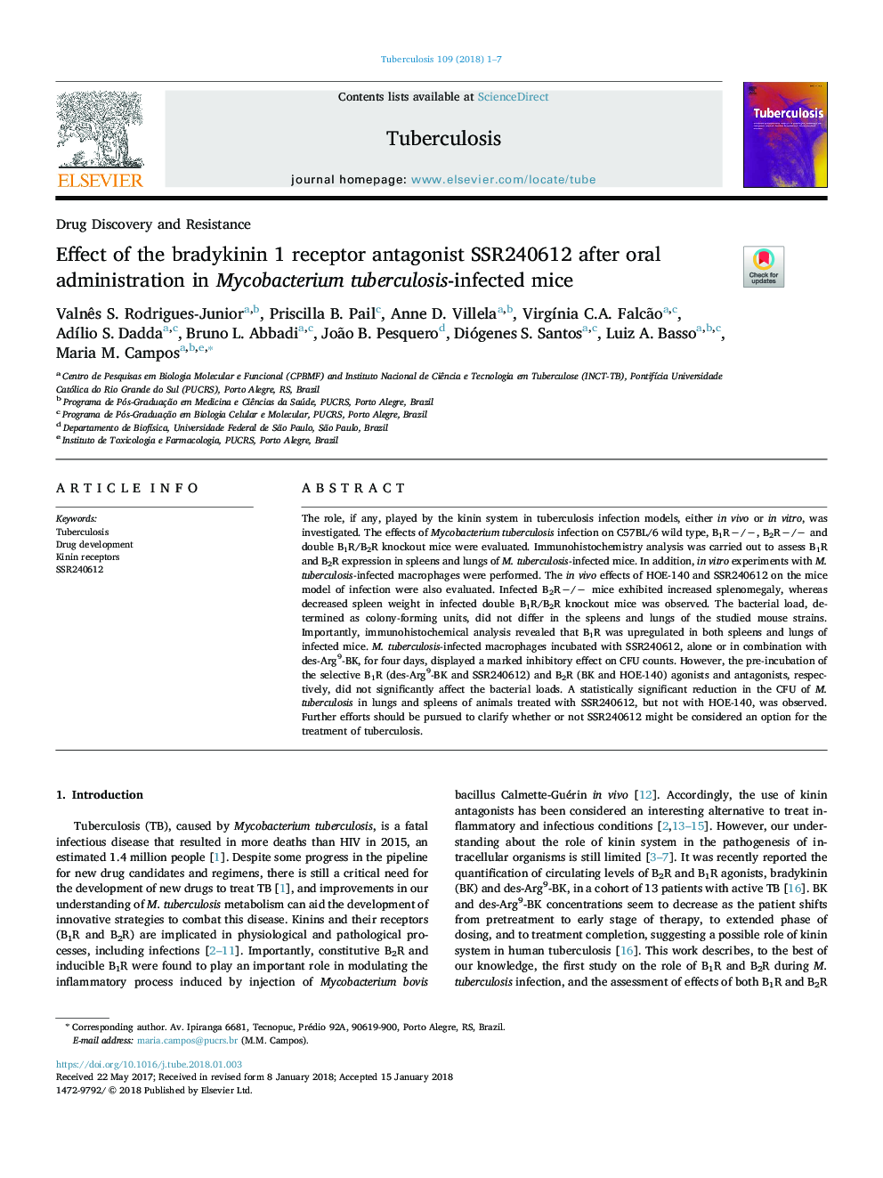 Effect of the bradykinin 1 receptor antagonist SSR240612 after oral administration in Mycobacterium tuberculosis-infected mice